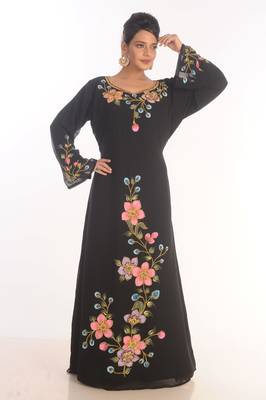 Black Dubai Moroccan Kaftan Farasha Abaya Maxi Modern Fancy Floor Length Dress 2