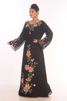Black Dubai Moroccan Kaftan Farasha Abaya Maxi Modern Fancy Floor Length Dress 4