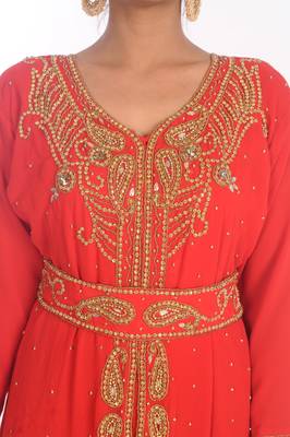 Red Moroccan Kaftan Farasha Abaya Maxi Modern Fancy Floor Length Dress 3
