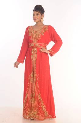 Red Moroccan Kaftan Farasha Abaya Maxi Modern Fancy Floor Length Dress 4