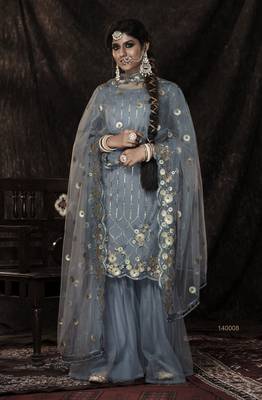 Grey Sequins Embroidered Net Salwar Kameez For Wedding 1