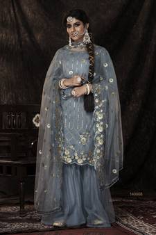 Grey Sequins Embroidered Net Salwar Kameez For Wedding