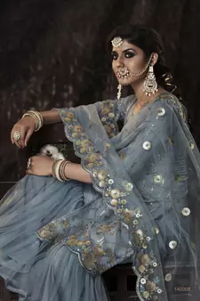 Grey Sequins Embroidered Net Salwar Kameez For Wedding