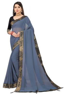 Grey Georgette With Fancy Lace and Blouse Piece. 1