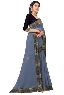 Grey Georgette With Fancy Lace and Blouse Piece. 3