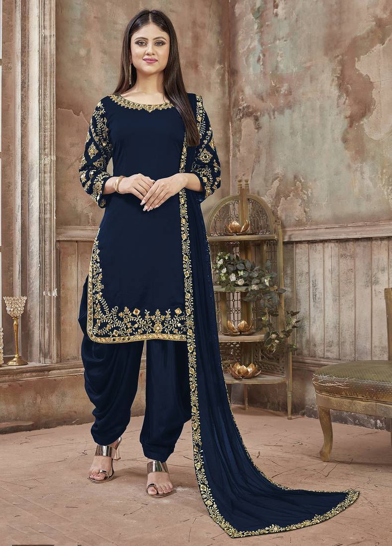 Blue embroidered faux georgette salwar