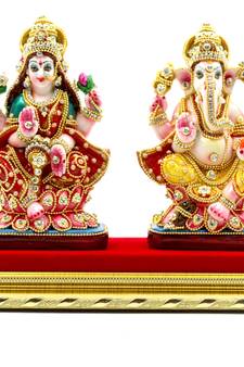 ESVAR STONECRAFT MDF Material Platform with Sculpture of Laxmi Ganesh