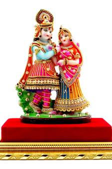 ESVAR STONECRAFT MDF Material Platform with Poly Resin Sculpture of Radha Krishna