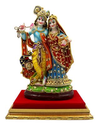 ESVAR STONECRAFT MDF Material Platform with Poly Resin Sculpture of Radha Krishna 1