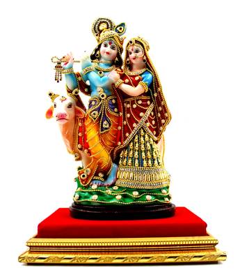 ESVAR STONECRAFT MDF Material Platform with Poly Resin Sculpture of Radha Krishna 1