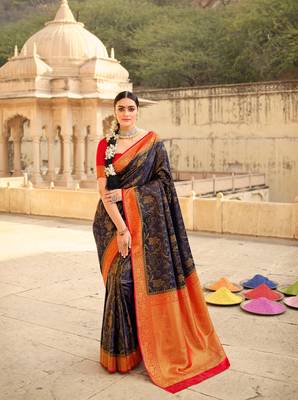 blue art silk hand woven saree with  blouse 1