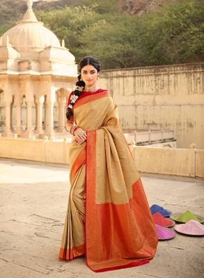 beige art silk hand woven saree with  blouse 1