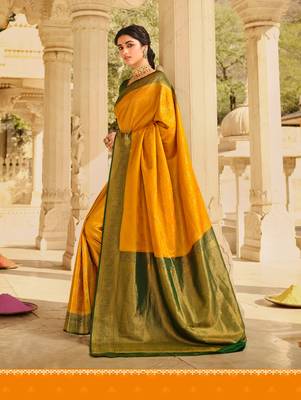 yellow art silk hand woven saree with  blouse 1