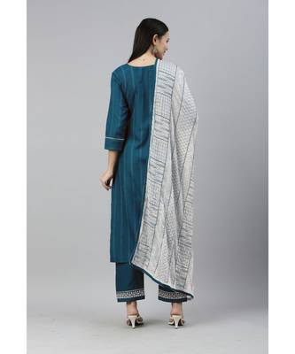 Women Teal Green Ruby Cotton Chikankari Kurta with Trousers & With Dupatta 2