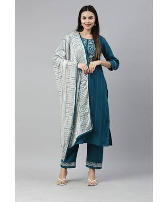 Women Teal Green Ruby Cotton Chikankari Kurta with Trousers & With Dupatta 3
