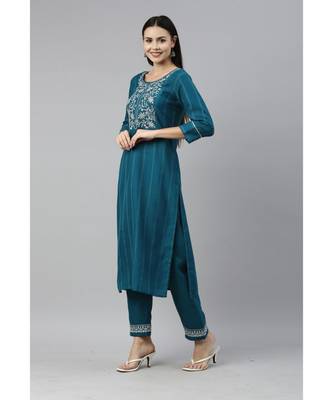 Women Teal Green Ruby Cotton Chikankari Kurta with Trousers & With Dupatta 4