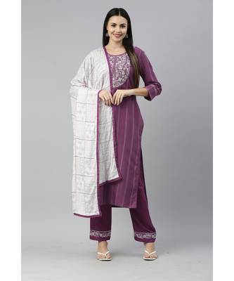 Women Purple  Ruby Cotton Chikankari Kurta with Trousers & With Dupatta 1