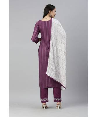 Women Purple  Ruby Cotton Chikankari Kurta with Trousers & With Dupatta 2