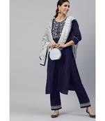 Women Navy Blue  Ruby Cotton Chikankari Kurta with Trousers & With Dupatta