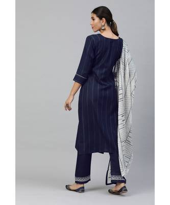 Women Navy Blue  Ruby Cotton Chikankari Kurta with Trousers & With Dupatta 2