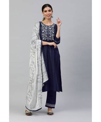 Women Navy Blue  Ruby Cotton Chikankari Kurta with Trousers & With Dupatta 3