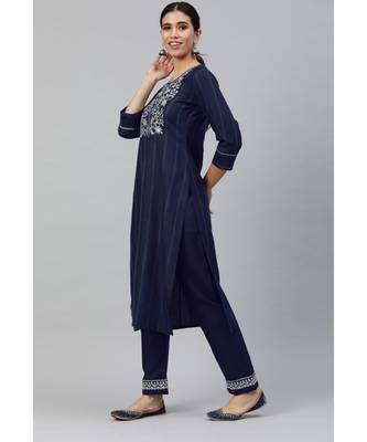 Women Navy Blue  Ruby Cotton Chikankari Kurta with Trousers & With Dupatta 4