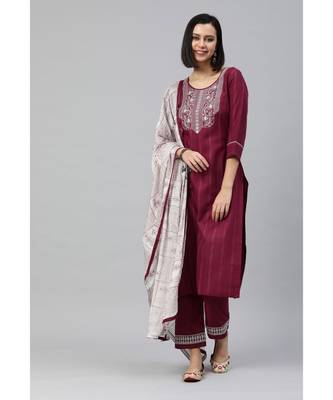 Women Maroon  Ruby Cotton Chikankari Kurta with Trousers & With Dupatta 1