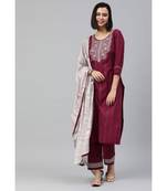 Women Maroon  Ruby Cotton Chikankari Kurta with Trousers & With Dupatta