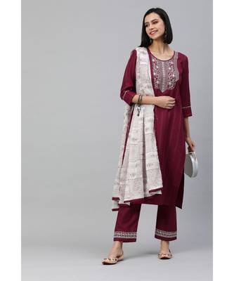 Women Maroon  Ruby Cotton Chikankari Kurta with Trousers & With Dupatta 3
