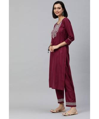 Women Maroon  Ruby Cotton Chikankari Kurta with Trousers & With Dupatta 4