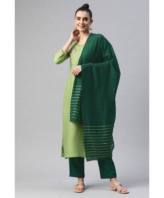 Women Green Pure Weaving Cotton with Sequence Kurta with Trousers & Dupatta 1