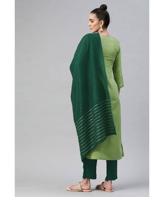 Women Green Pure Weaving Cotton with Sequence Kurta with Trousers & Dupatta 2