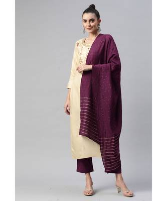 Women Cream Pure Weaving Cotton with Sequence Kurta with Trousers & Dupatta 2