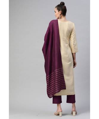 Women Cream Pure Weaving Cotton with Sequence Kurta with Trousers & Dupatta 3