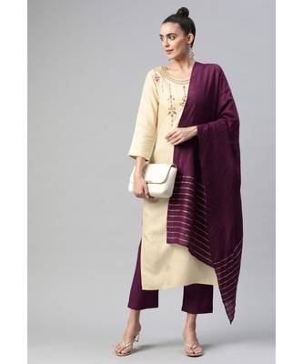 Women Cream Pure Weaving Cotton with Sequence Kurta with Trousers & Dupatta 1
