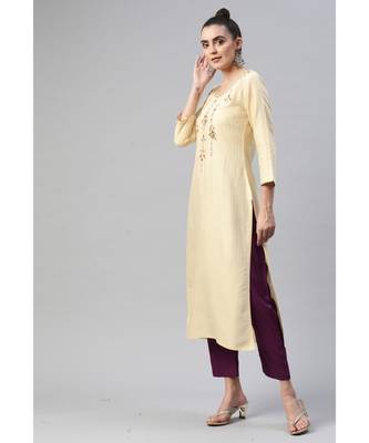 Women Cream Pure Weaving Cotton with Sequence Kurta with Trousers & Dupatta 4