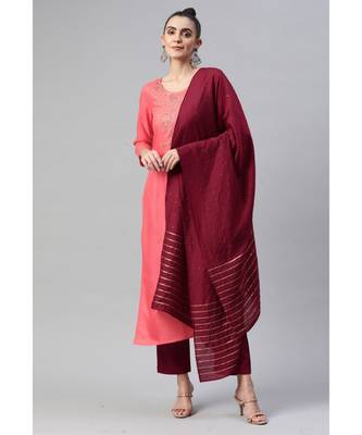 Women Peach Pure Weaving Cotton with Sequence Kurta with Trousers & Dupatta 2
