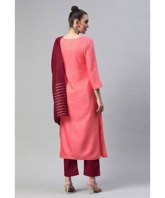 Women Peach Pure Weaving Cotton with Sequence Kurta with Trousers & Dupatta 3