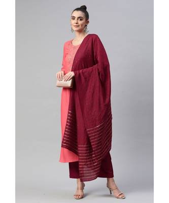 Women Peach Pure Weaving Cotton with Sequence Kurta with Trousers & Dupatta 1