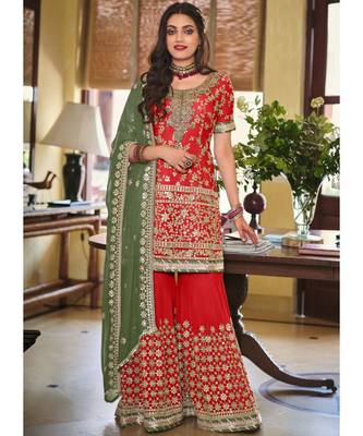 Red And Olive Golden Embroidered Wedding Sharara Suit 1