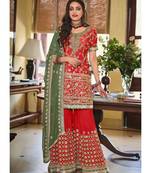 Red And Olive Golden Embroidered Wedding Sharara Suit