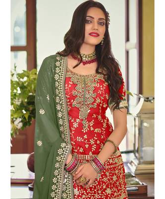 Red And Olive Golden Embroidered Wedding Sharara Suit 2