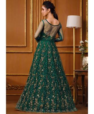 Dark Green Zari Embroidered Slit Style Anarkali Pant Suit 1