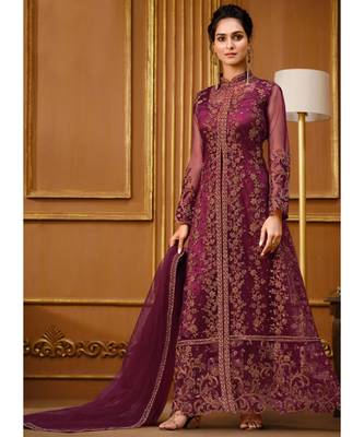 Rani Pink Zari Embroidered Slit Style Anarkali Pant Suit 1
