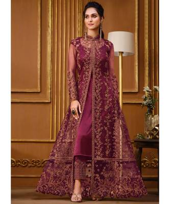 Rani Pink Zari Embroidered Slit Style Anarkali Pant Suit 2