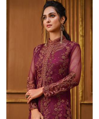 Rani Pink Zari Embroidered Slit Style Anarkali Pant Suit 3