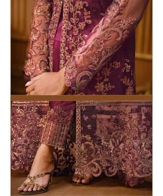 Rani Pink Zari Embroidered Slit Style Anarkali Pant Suit 4