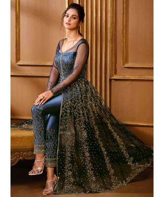 Navy Blue Zari Embroidered Slit Style Anarkali Pant Suit 2