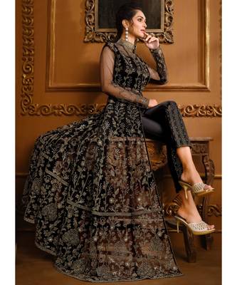 Black Zari Embroidered Slit Style Anarkali Pant Suit 2