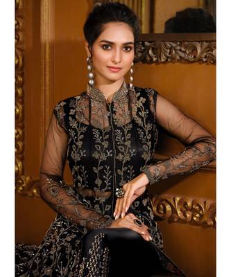 Black Zari Embroidered Slit Style Anarkali Pant Suit 4